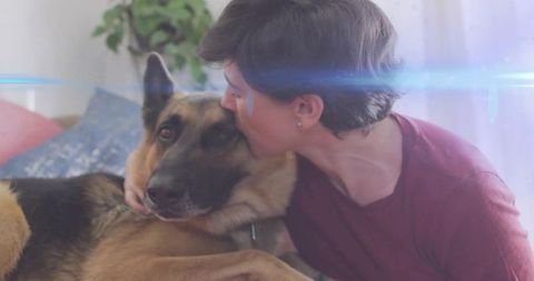 Person showing affection to german shepherd at home