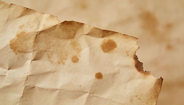 Torn aged parchment paper with water stains, creases and vintage texture
