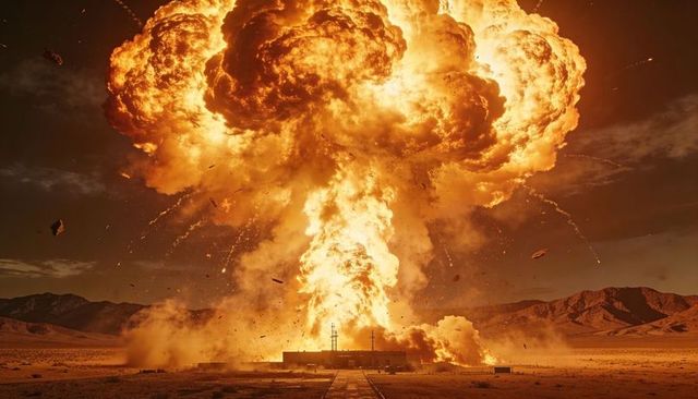 Mushroom-cloud explosion erupting over desert test range with blazing compound and debris