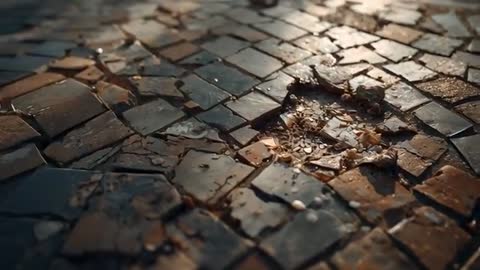 Pulling Back Revealing Damaged Mosaic Tiles with Loose Fragments and Wet Reflective Surface