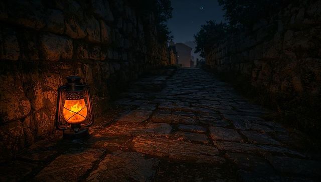 Flickering lantern casting warm amber glow along mossy cobblestone alley at night