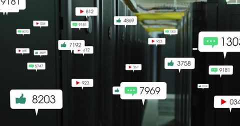 Server Racks Displaying Social Engagement Metrics in Data Center Corridor