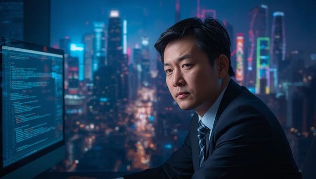 Businessman analyzing code at night with neon skyline