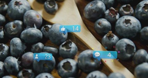 Closeup fresh blueberries on wooden spoon with social media notification overlays