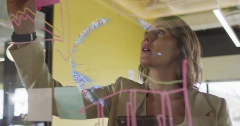 Businesswoman planning on transparent glass board with sticky notes, marker and smartphone