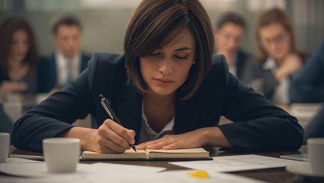 Focused Businesswoman Taking Notes in Conference Room