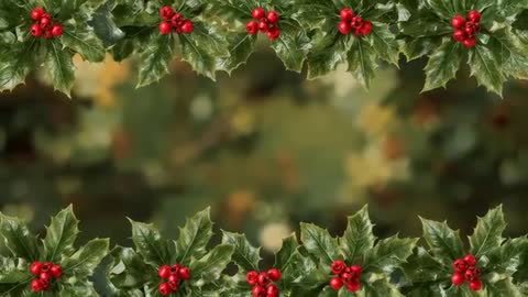Looping holly garlands drifting over holiday bokeh backdrop with glowing red berries