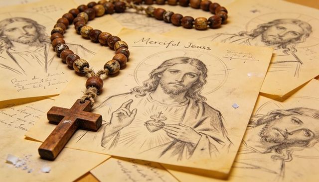 Merciful jesus pencil sketch with worn wooden rosary and rustic cross on sepia paper