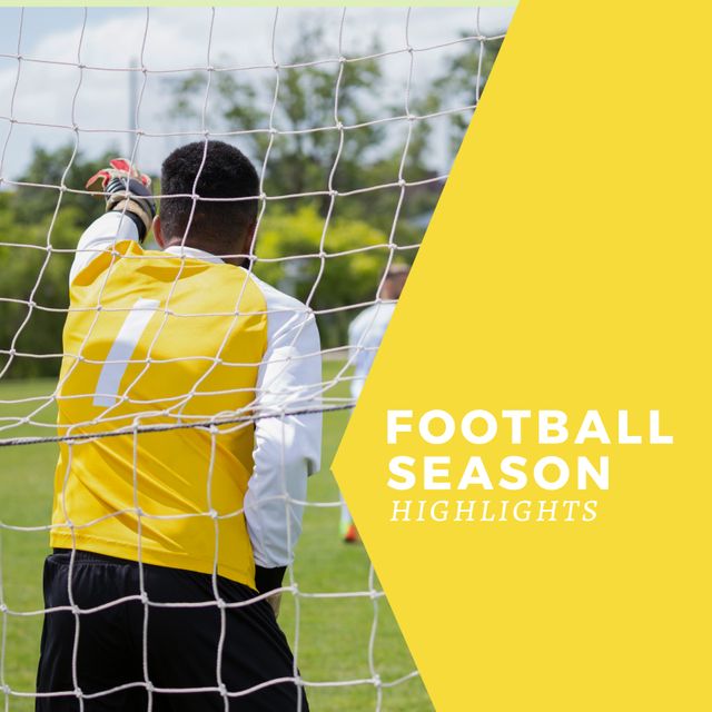This image shows a goalkeeper wearing a yellow jersey standing in front of a net during an outdoor football match. Ideal for sports highlights, promoting football events, or illustrating soccer-related articles. Could be used by news outlets, sports blogs, or marketing for athletic brands.