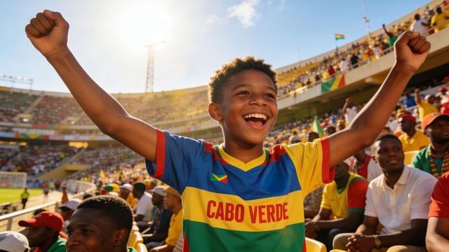 Teen cheering and raising arms in stadium wearing cabo verde football jersey