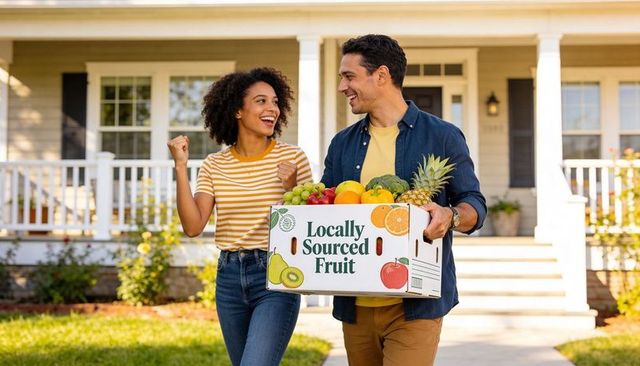 Smiling couple carrying box of locally sourced fruit on front porch, promoting healthy living