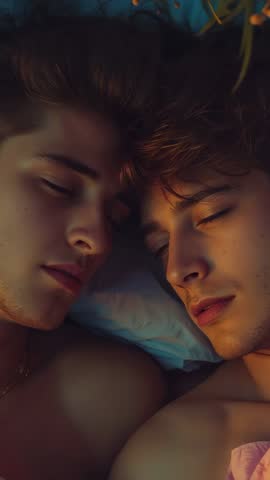Vertical video two shirtless men lying close breathing on pillow and sheet with warm glow