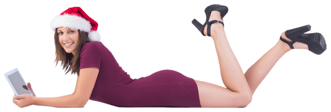 Transparent Festive Brunette Using Tablet with Santa Hat