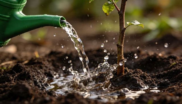 Green watering can nourishing young seedling with splashing water and sunlit soil