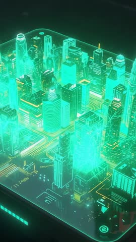 Holographic Smartphone City Activating with Rising Particles Vertical Cyberpunk Tech Demo