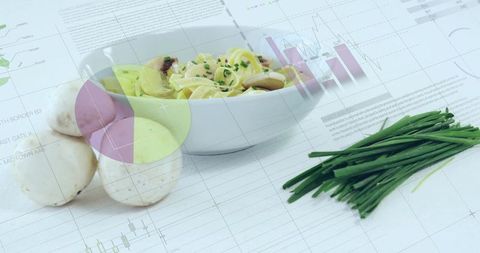 Mushroom pasta with data charts