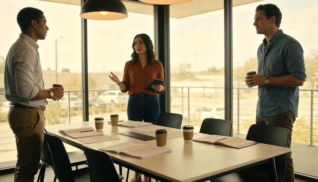 Woman leading team brainstorming meeting in modern glass conference room with tablet and coffee