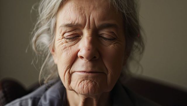 Elderly woman closing eyes in quiet contemplative portrait showing natural wrinkles close-up