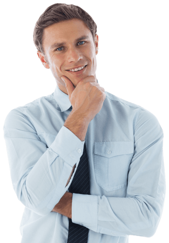 Transparent thinking businessman portrait with hand on chin