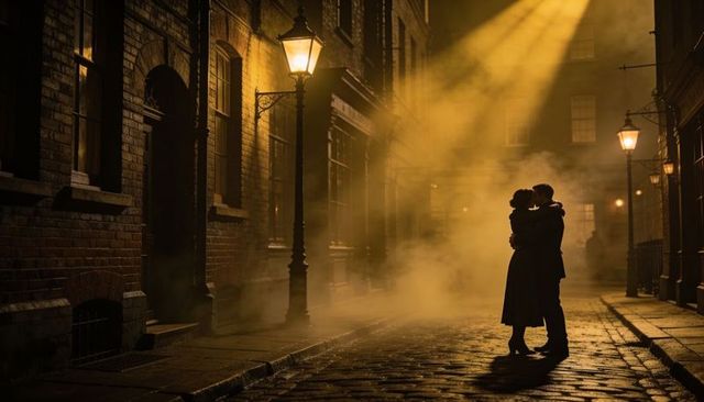 Embracing couple on foggy cobblestone street under vintage gaslight beam, cinematic romance