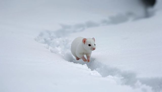 Snow-white rodent traversing powdery trail, leaving paw prints and casting soft shadow