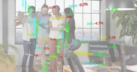 Team collaborating around augmented reality financial dashboards in modern office