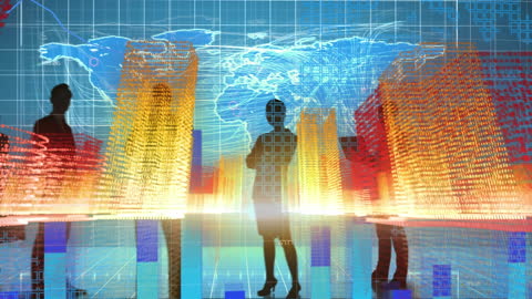Global Business Network with Digital Cityscape and Silhouettes