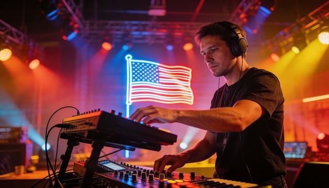 Male dj performing on stage operating synth and mixer with neon american flag backdrop
