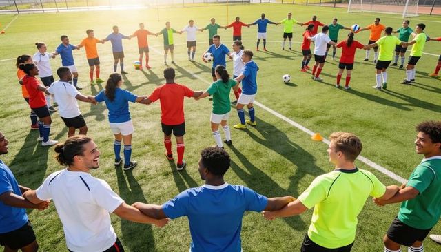 Multicultural soccer team forming large circle on turf for warmup and teamwork drills
