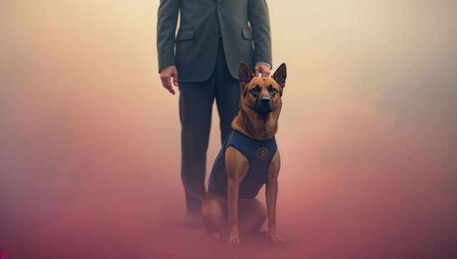 Malinois dog with handler in uniform on misty background