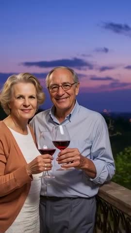 Vertical video of smiling senior couple toasting red wine on balcony at sunset romantic evening