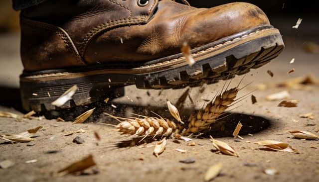 Closeup worn leather work boot crushing wheat stalks, chaff scattering on dusty barn floor