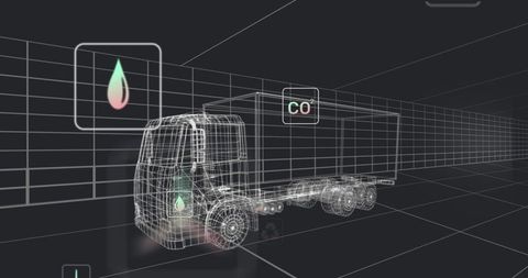 Wireframe Semi Truck in Digital Grid Simulation