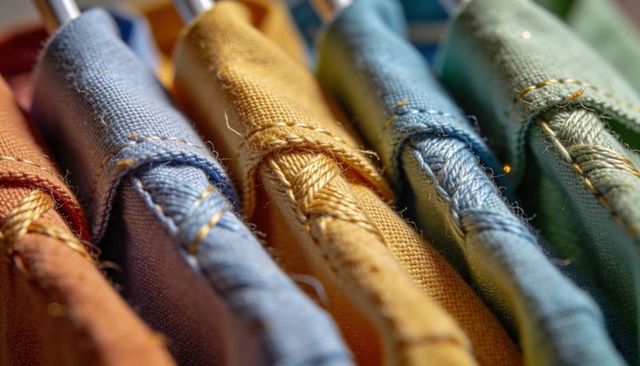 Macro close-up of stitched fabric hanger loops with gold thread on colorful textile panels