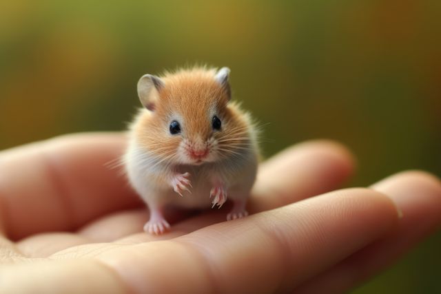 Close up of cute hamster standing on human hand, created using generative ai technology. Pet, animal and rodent concept digitally generated image.