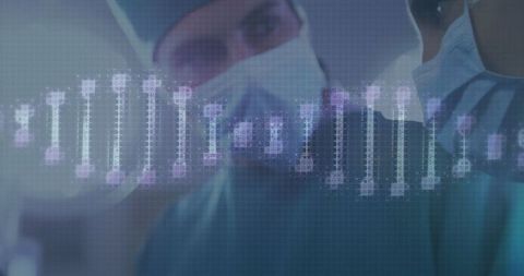 Doctors examining digital dna interface with face masks in medical setting