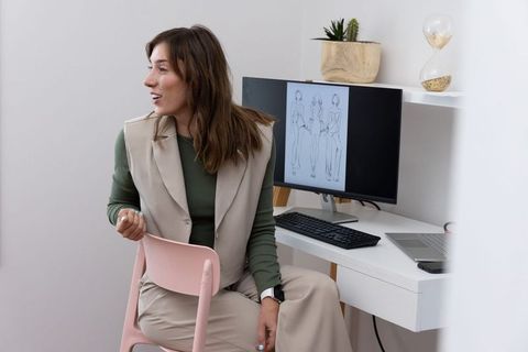Creative professional woman on pink chair speaking to monitor with fashion sketches
