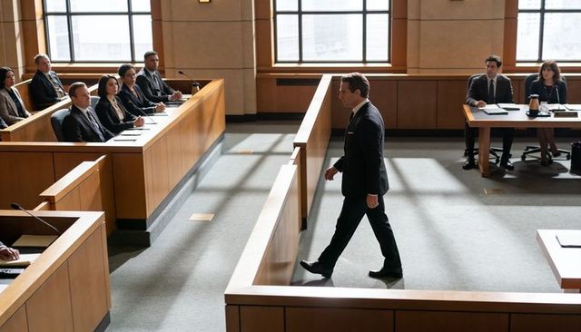 Attorney walking down central aisle in courtroom during trial hearing under natural light