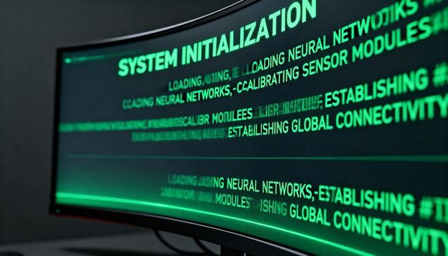 Curved monitor displaying system initialization with neon green code and futuristic glow