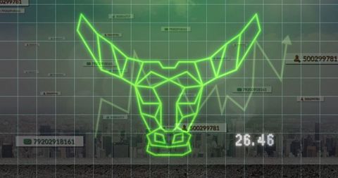 Futuristic Geometric Bull Graphic on Urban Skyline