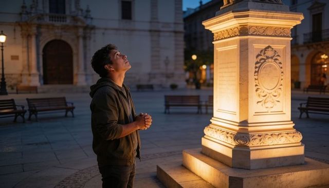 Man gazing at illuminated monument in historic town square at twilight