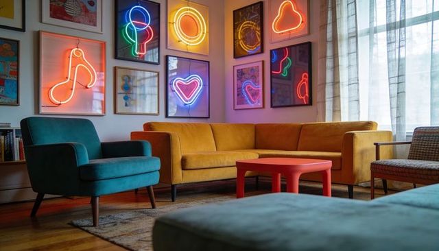Mustard yellow l-shaped sofa anchoring midcentury lounge with neon gallery wall, teal armchair