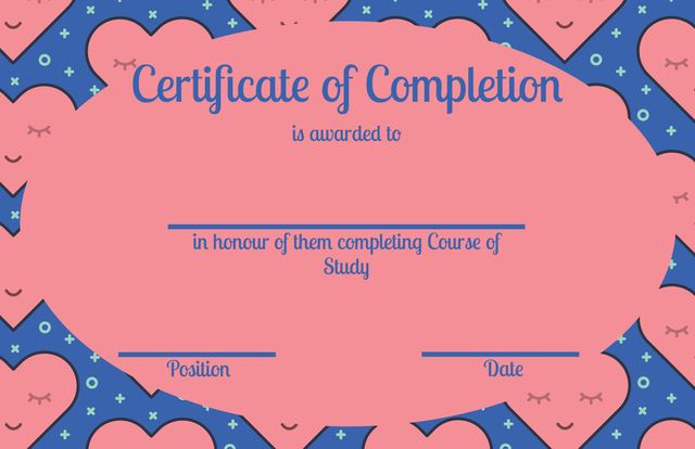 Certificate of Completion with Smiling Hearts on Pink and Blue Background - Download Free Stock Templates Pikwizard.com