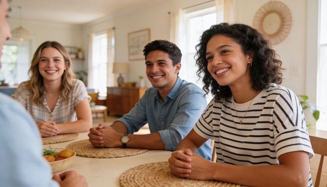 Friends chatting around sunlit dining table smiling during relaxed home gathering