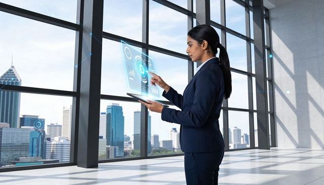 Business executive interacting with holographic tablet for data analysis in office