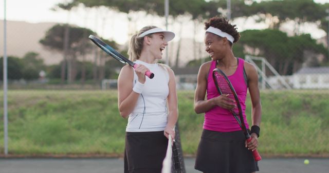 Two women tennis players smiling and conversing on a tennis court, demonstrating friendship and enjoyment of sports. Ideal for illustrating themes of fitness, teamwork, outdoor activities, and healthy lifestyles. Suitable for use in sportswear advertisements, health and wellness articles, and recreational activity promotions.