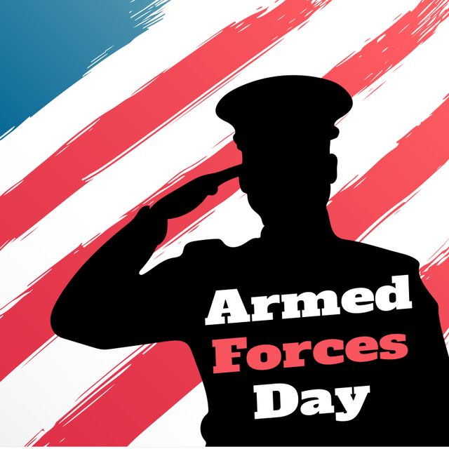 This template showing a saluting soldier silhouetted against an American flag background is perfect for designs and events related to Armed Forces Day and Veterans Day. Use this image for posters, social media posts, flyers, and advertisements to honor and appreciate the service and sacrifices of military members. The bold contrast and patriotic theme can inspire a sense of national pride and recognition for those who serve.