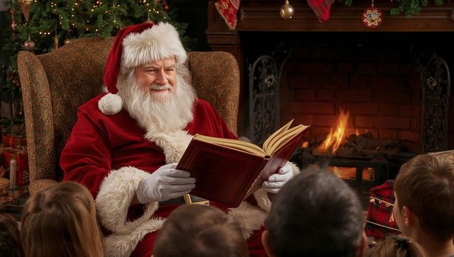 Santa Claus Reading Storybook to Children by Fireplace During Christmas