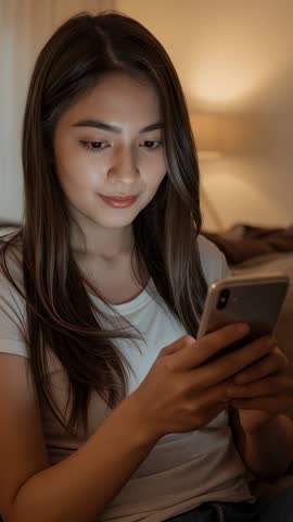 Asian woman receiving smartphone alert and scrolling messages, relaxing on sofa