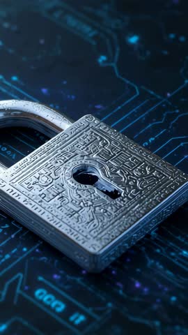 Vertical cybersecurity video rotating around engraved metal padlock on circuit board
